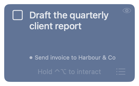 The NowNow window showing the task 'Draft the quarterly client report'
